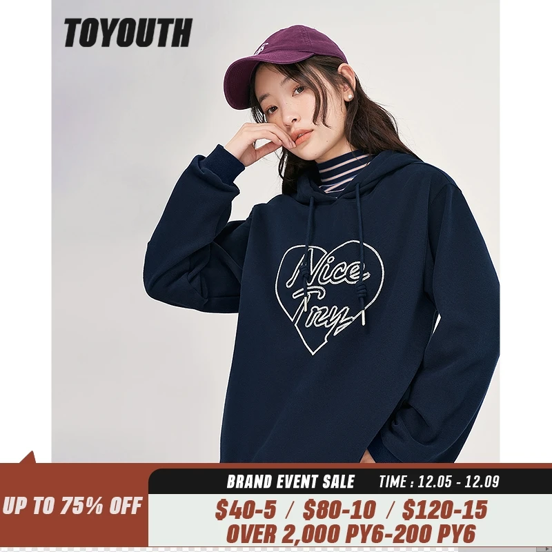 

Toyouth Women Fleece Hooded Sweatshirt 2022 Winter Long Sleeve Loose Hoodie Letter Print Navy Warm Casual Streetwear Pullover