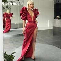 burgundy mermaid evening dresses high split prom dresses sexy v neck prom gown puff sleeves dance dresses robes de soir%c3%a9e