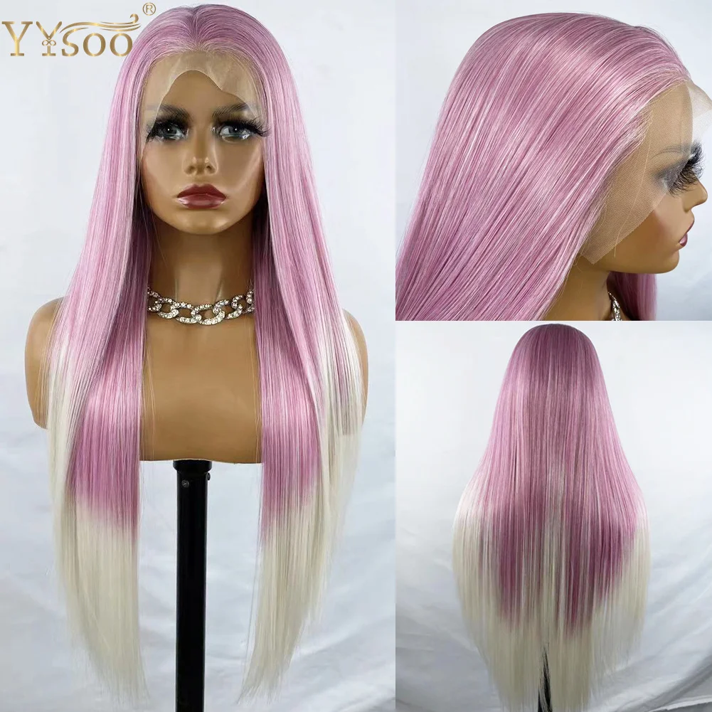 YYsoo Long 13x4 Futura Glueless Synthetic Lace Front Wigs For Women Silky Straight Mixed Pink / White Ombre Lace Wig Daily Used