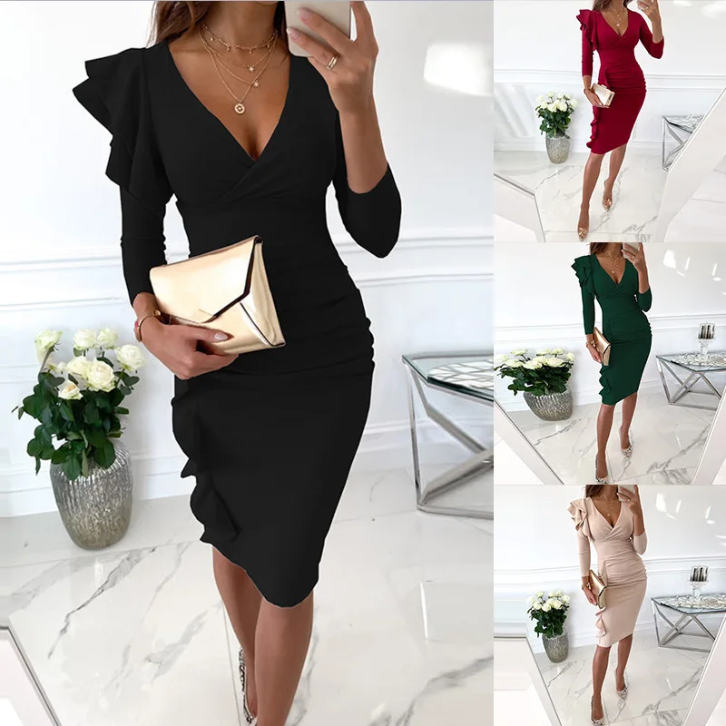 

2023 Spring New Women's Dress Elegant Fashion V-neck Slim Fit Long Sleeve High Waist Dress