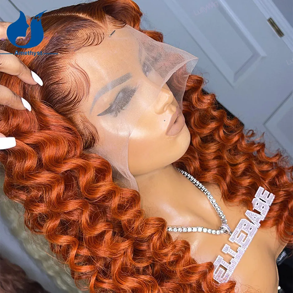 

Orange Color Loose Curly Wigs 13x4 Lace Frontal Human Hair Wigs For Woman Remy Brazilian With Babyhair Pre Plucked Wave Amethyst