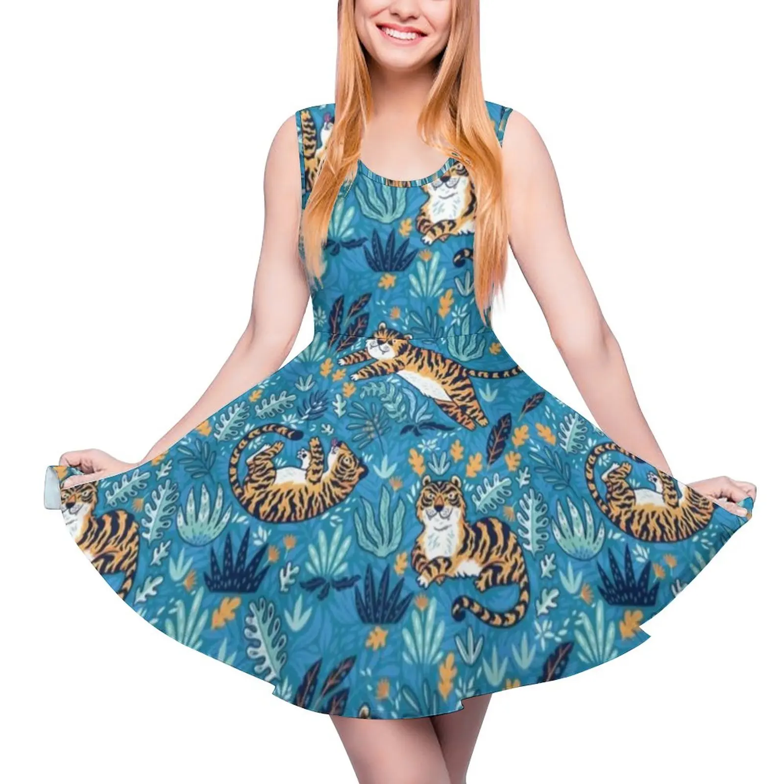 

Wild Tiger Dress Jungle Leaf Print Boho Beach Dresses Sleeveless Aesthetic Print Skate Dress Summer Woman Oversize Clothing