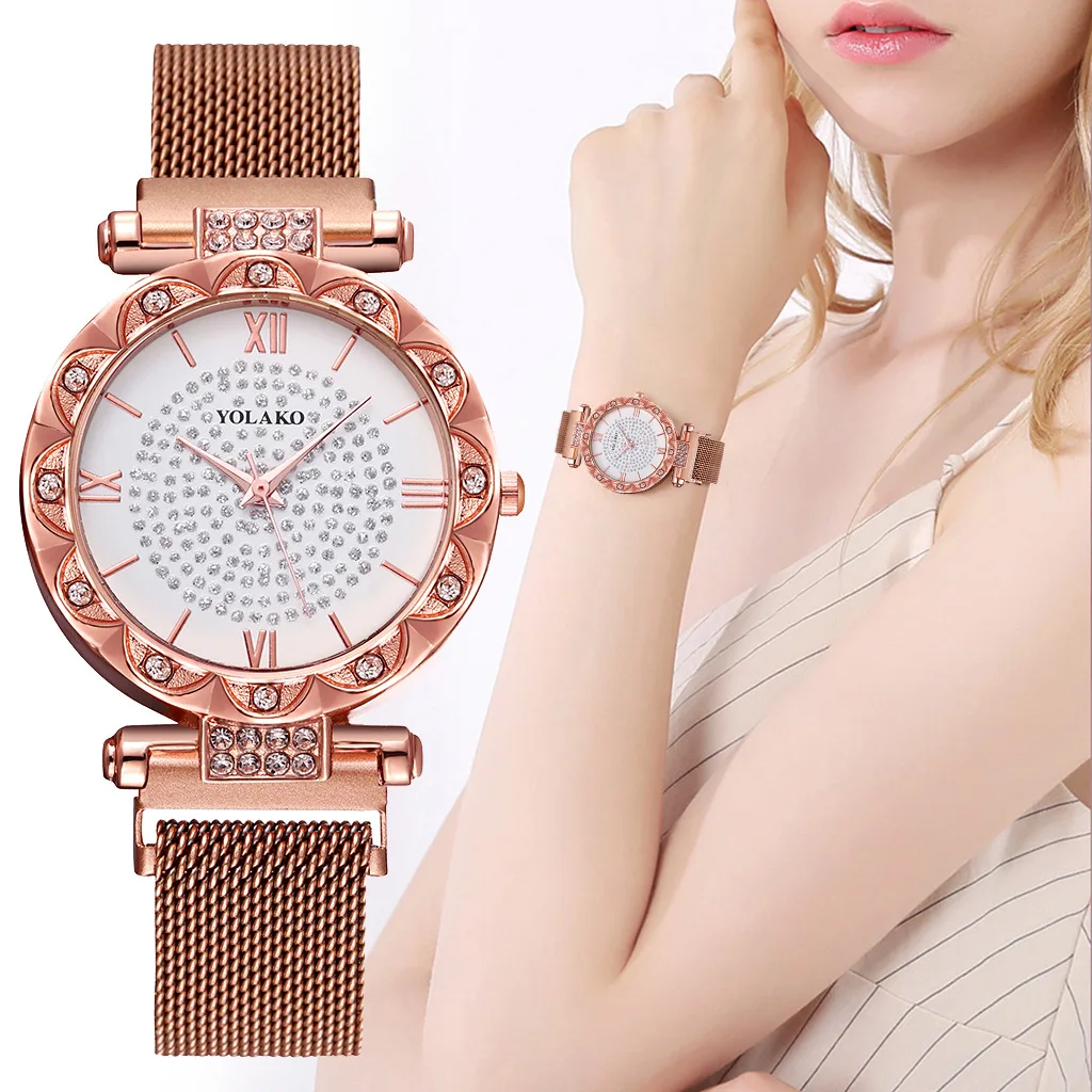 

Luxury Famous Brand Watch For Women Fashion Golden Alloy Magnet Strap Gypsophila Diamond Roman Digital Dial Quartz Wristwatches