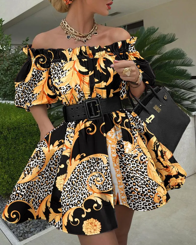 

Summer Off The Shoulder Dress Women Fashion Elegant Print Slash Neck Puff Sleeves Sashes A-line Mini Dress Women