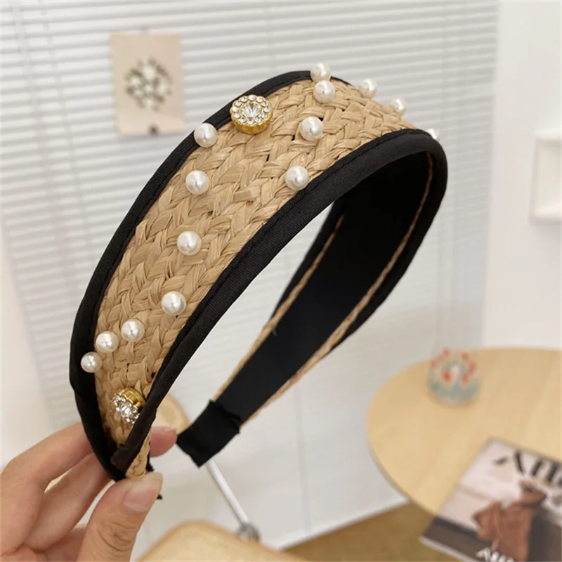 

Korean Fashion Simple Pearl Rhinestone Straw Braided Headband