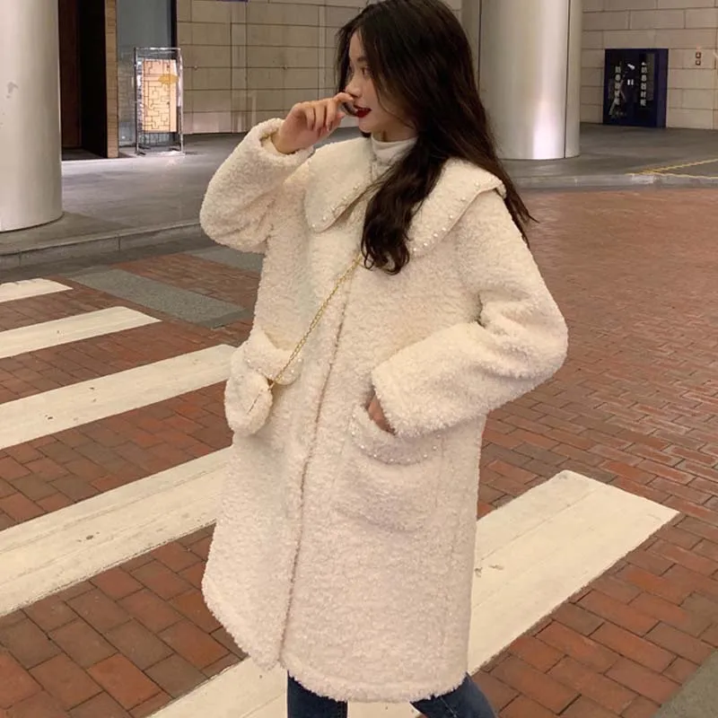 Kawaii Sweet Doll Collar Beaded Lamb Wool Sweater Padded Jacket Women Korean Loose Autumn Winter Single-Breasted h Mid Coat
