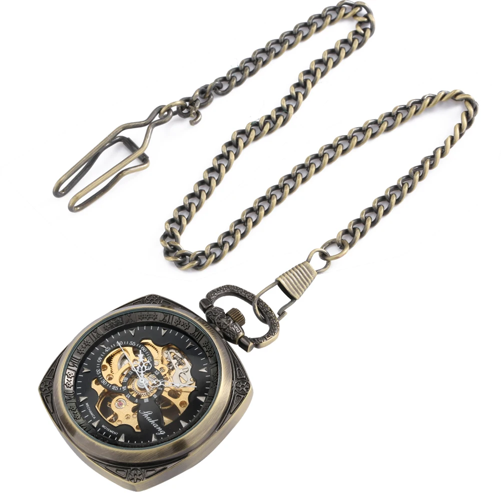 Open Face Square Bronze Mechanical Pocket Watch Fob Chain Manual Mechanism Pendant  Exquisite Vintage Antique Timepiece Male