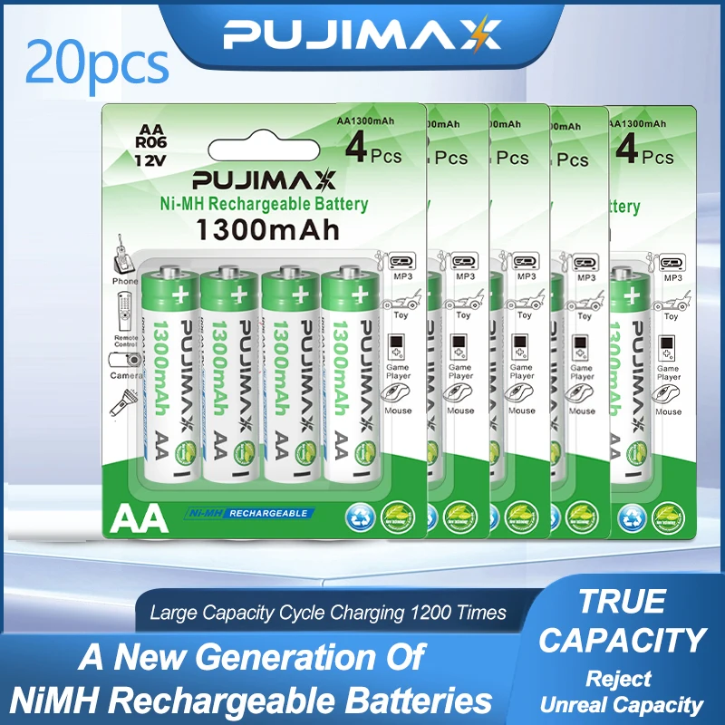 

PUJIMAX 20pcs Large Capacity Battery Aa 1.2V AAA 1300mAh Rechargeable Battery For Remote Control Wireless Mouse Electric Shaver