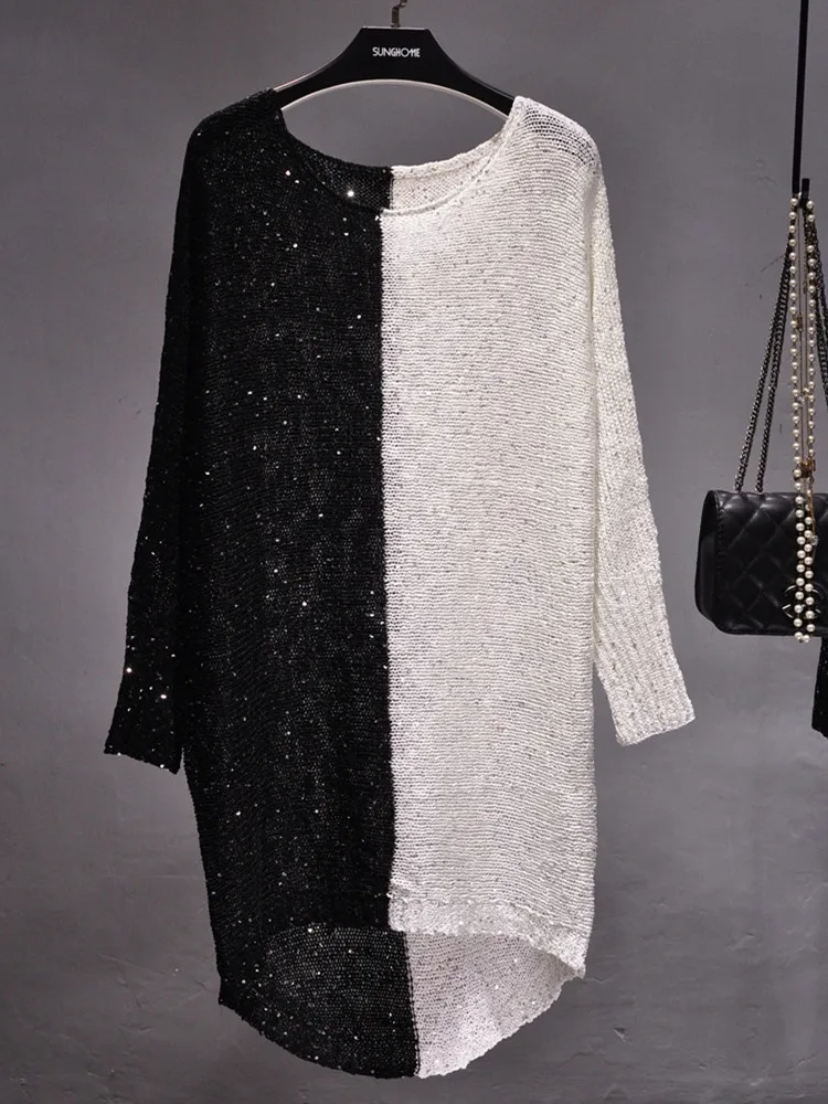 

Autumn and Winter Women's New Hollow Sequin Stitching Mid-length Knitted Sweater Loose Gold Thread Bright Silk Bottoming Skirt