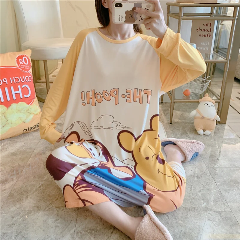Disney Cartoon Minine Mouse Nightgown Lounge for Girls Autumn Fall Loose Sleepwear Long Sleeve Midi Dress Ladies Sleepshirt