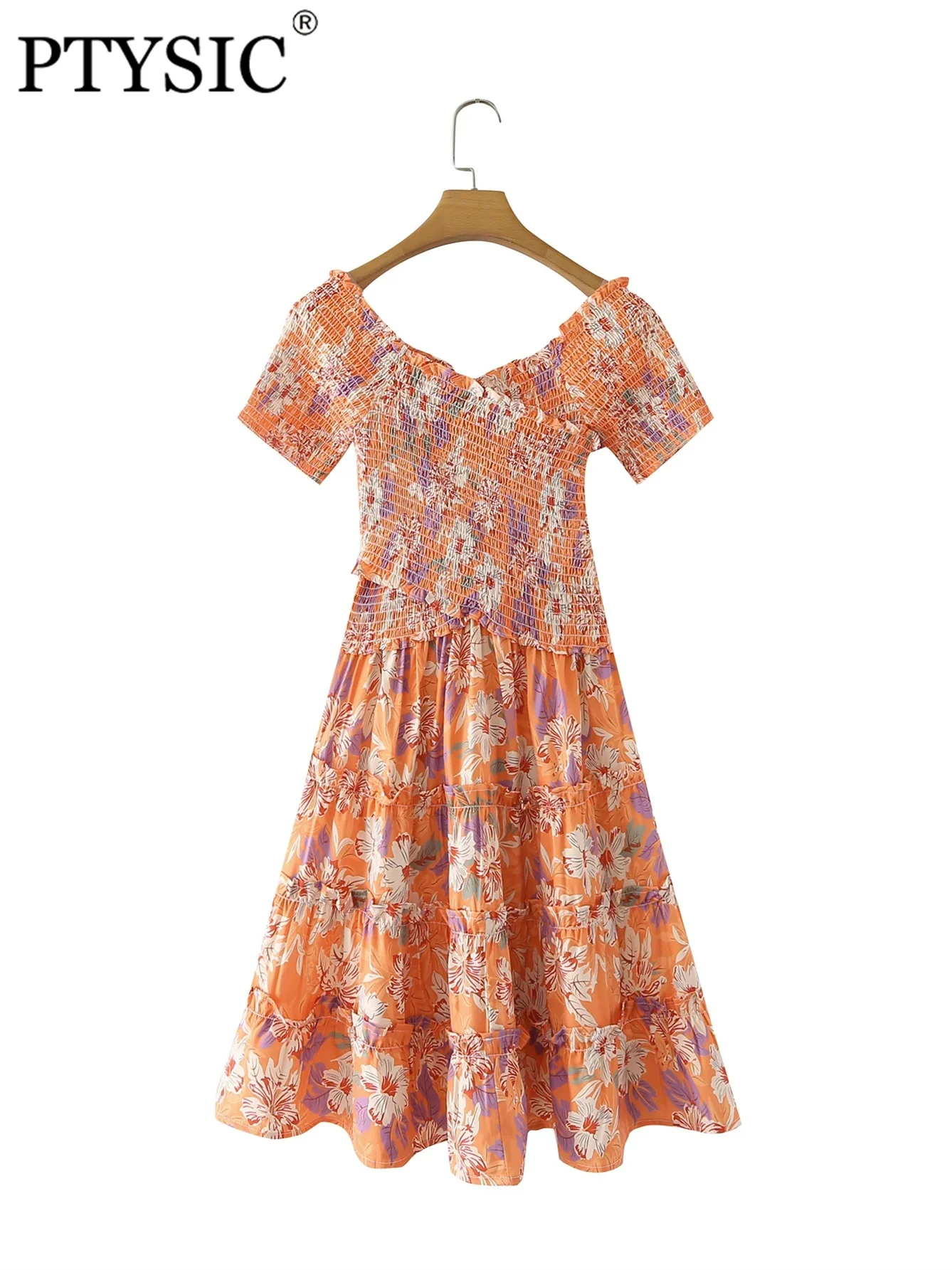

PTYSIC Women Fashion Floral Print Shirring Cascading Ruffle Slash Neck Mini Dress 2022 New Short Sleeve Vintage Female Vestidos