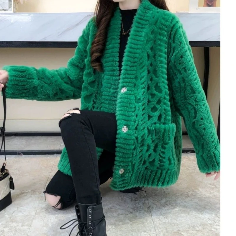 Woman Real Fur Knitted Natural Fur Coats Female Fashion Coat Ladies Natural Fur Jacket Ladies Casual V-neck Sheepskin Coats G09