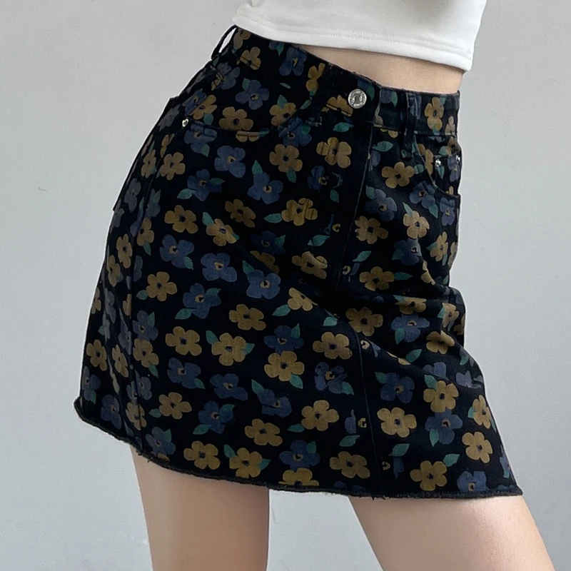 

Women's Vintage Mini Denim Skirts 2022 Harajuku Clothes Fitness Y2K Summer Floral Printed Jeans Skirt Female Korean Fashion