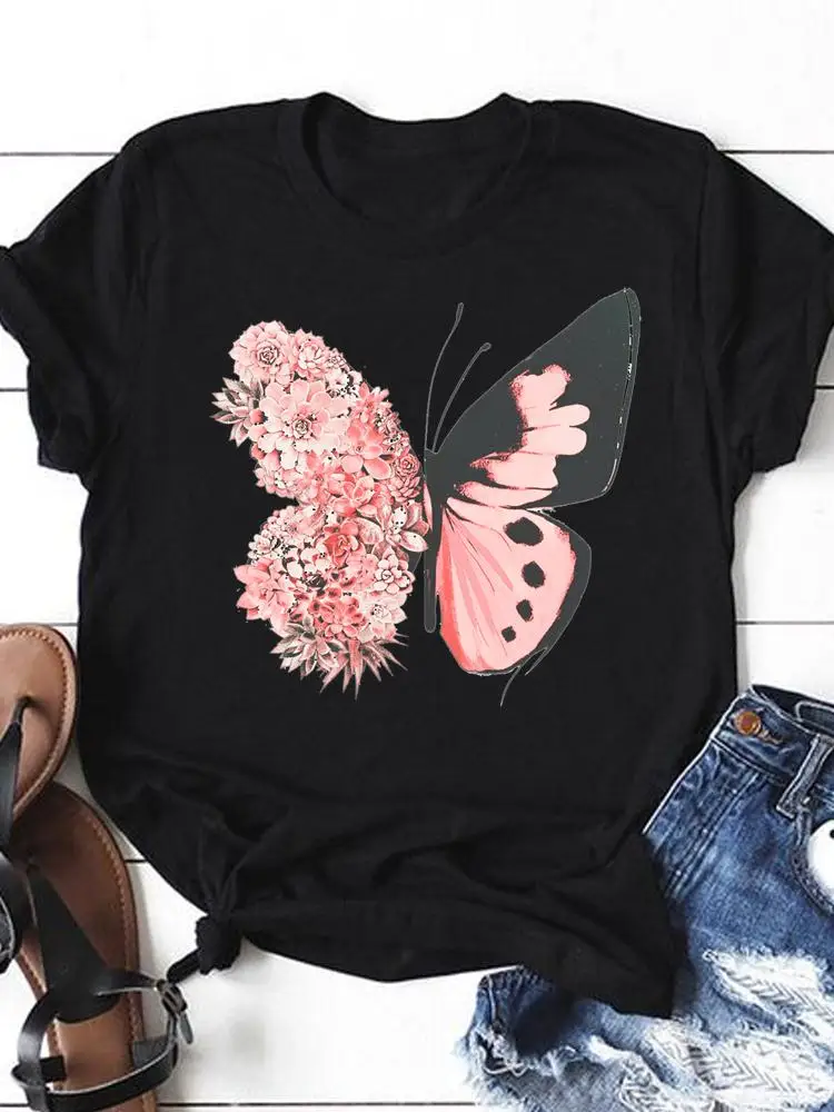

Футболка женская с коротким рукавом, милая графическая рубашка с цветочным рисунком крыла бабочки, модная одежда, черный цвет, на лето