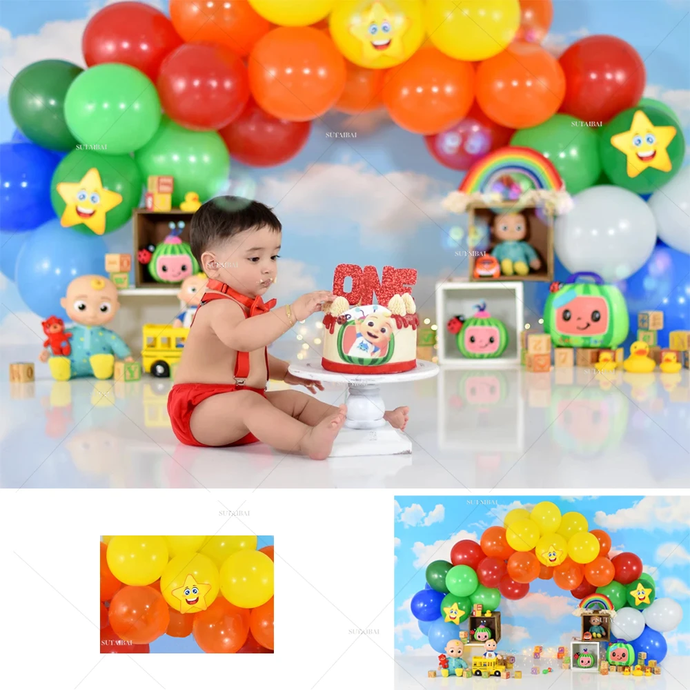 Colorful Balloons Coco Kids Family Melon Photography Backgrounds Child Birthday Cake Smash Party Backdrops Photo Studio Booth enlarge