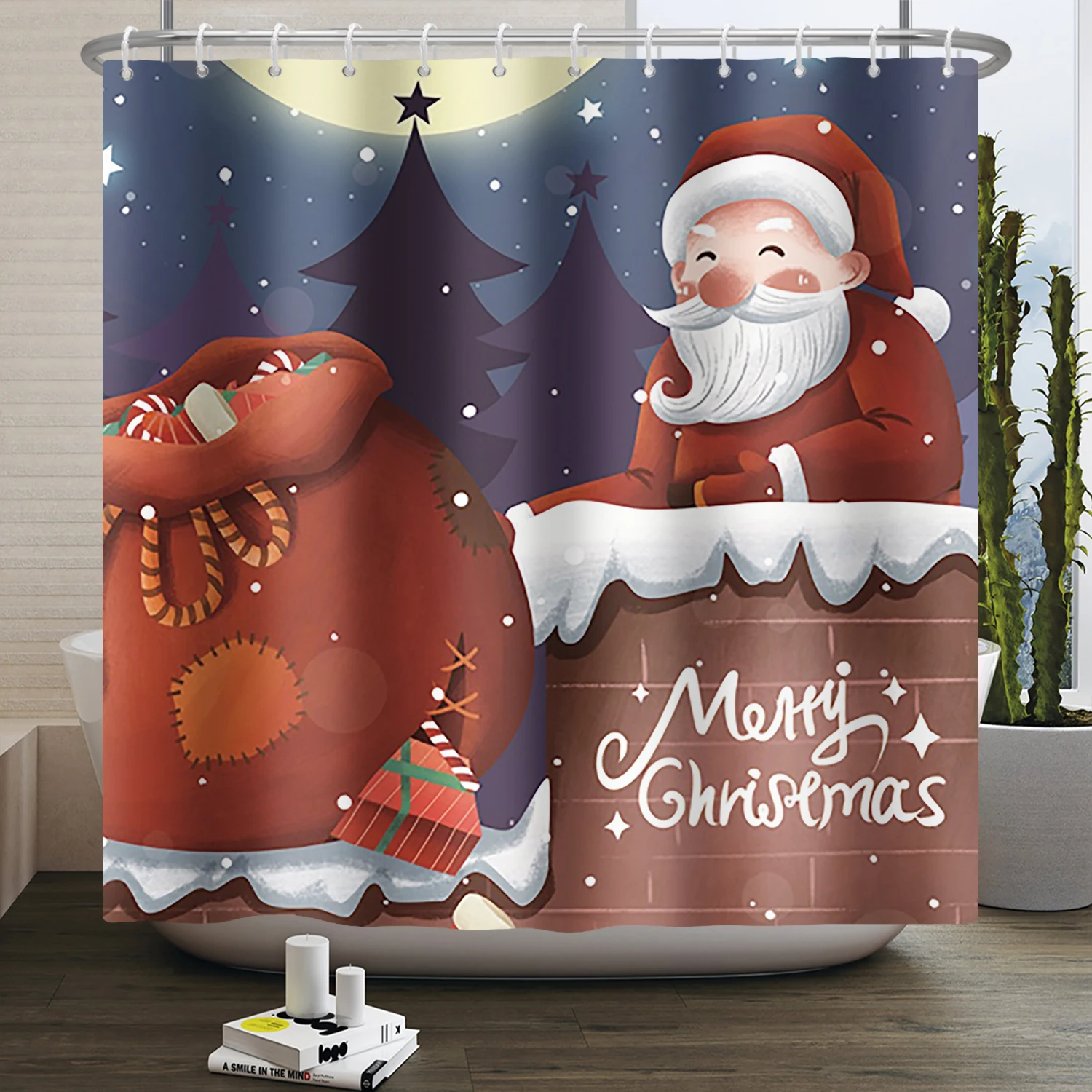 

Рождественская занавеска для душа, занавеска для ванной из полиэстера с милым мультяшным рисунком снеговика, Санта-Клауса, водонепроницаем...