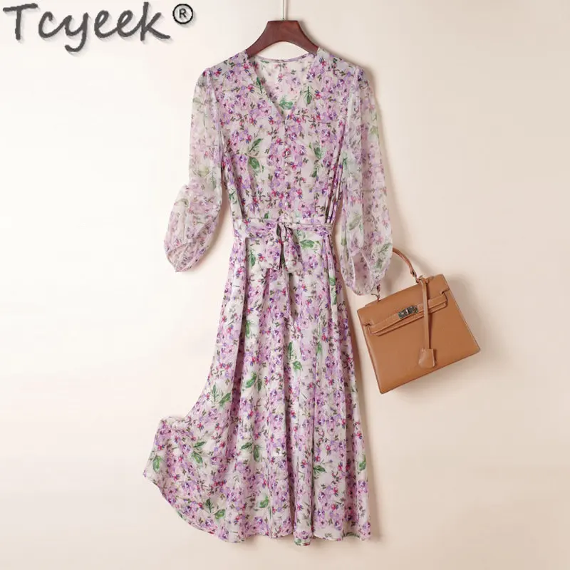 Tcyeek 100% Mulberry Real Silk Elegant Dresses for Women 23 High-end Midi Dress Womens Clothing Summer Print Dress Vestido Mujer