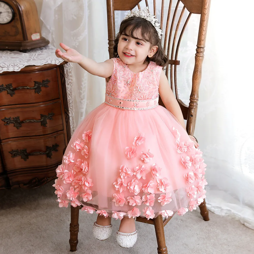 

Dreamgirl Puffy Flower Applique Ball Gown Flower Girl Dress Crystal Pearls Embroidery Baby First Communion Dresses SMDL220422011