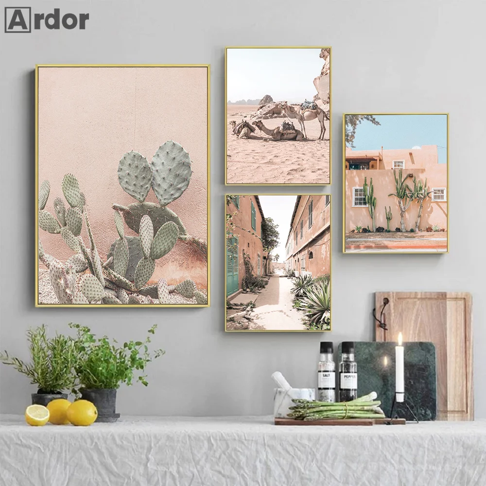 

Morocco Pink Desert Camel Landscape Cactus Wall Canvas Painting Nordic Poster Prints Wall Art Pictures Living Room Bedroom Decor