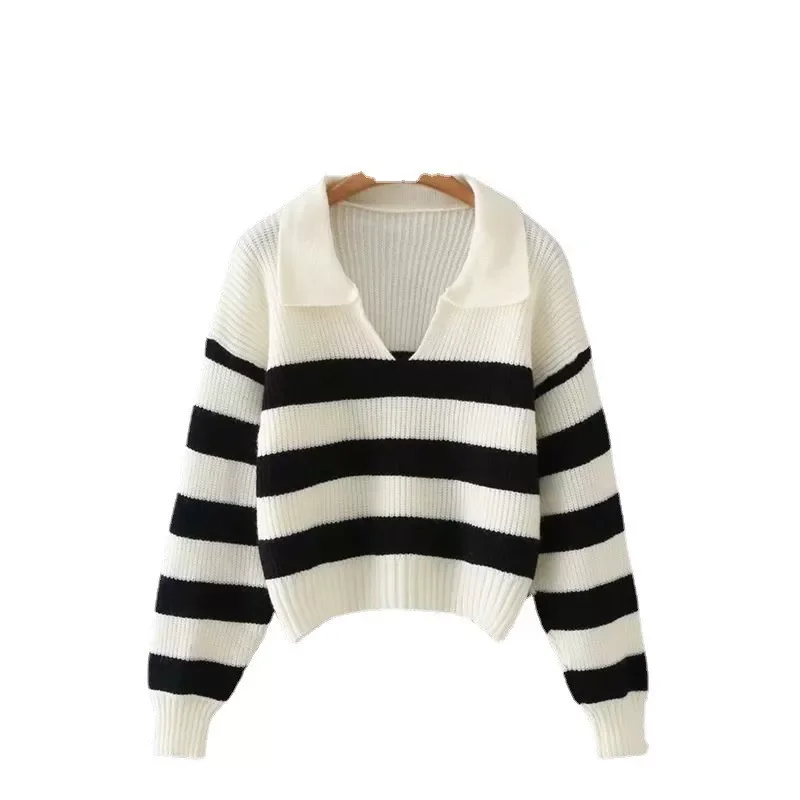 

TRAF Women 2021 Fashion Striped POLO Collar Loose Knit Sweater Retro Long Sleeve Pullover Streetwear