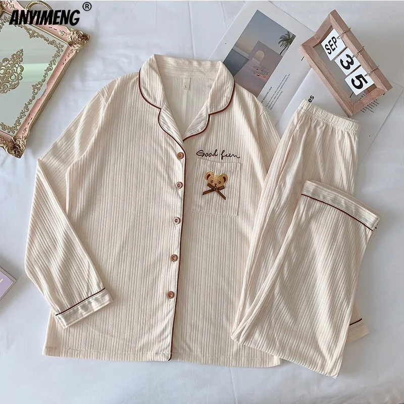 

Pajamas for Womne Long Lounge Wear Autumn Winter Pijamas Sleep Tops + Pants Two Pieces Cotton Student's Young Girl's Sleepwear
