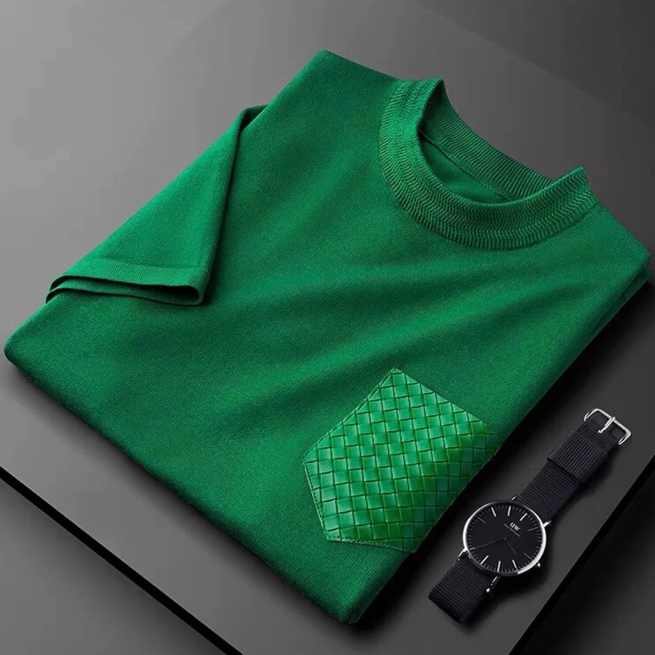 

summer Luxury trend personalized knitted T-shirt men's short sleeve round neck high-end elastic slim fit sweater half sleeve men
