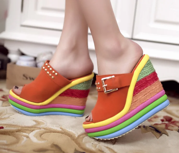 Women Wedges Shoes New Summer Bohemia Casual Rainbow Peep Toe Platform Sandals Slippers Womens Sexy Mules Party High Heels