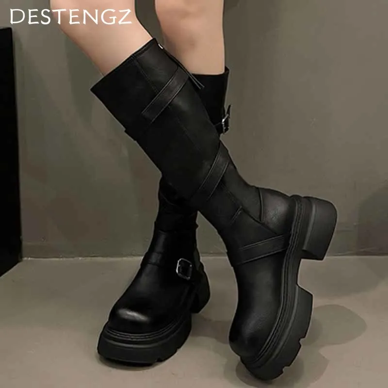 Женские высокие ботинки на платформе модные дизайнерские кожаные среднем