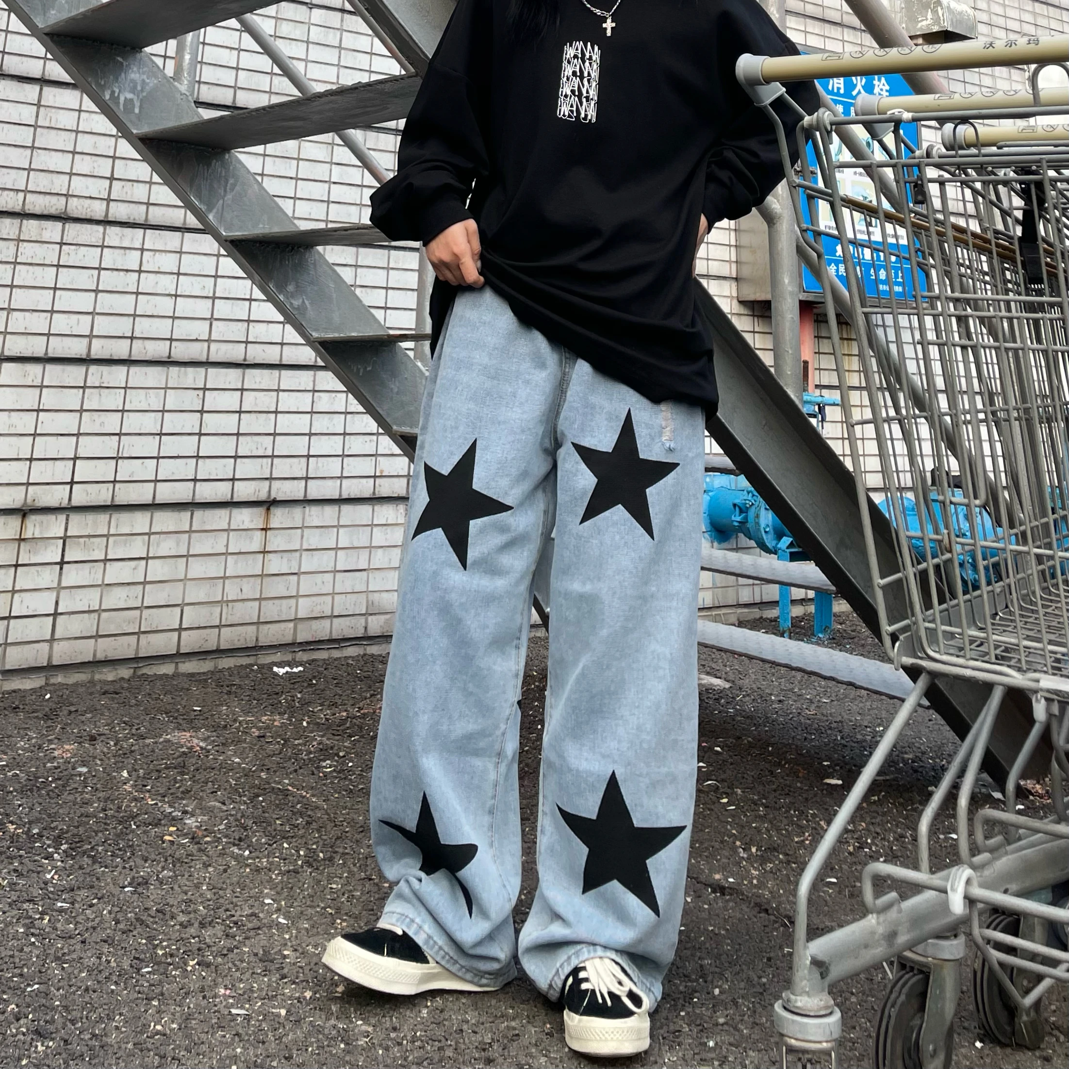 Black Stars Printed Jeans Men's 2023 Fashion Design Casual Loose Straight Pants Male Clothing