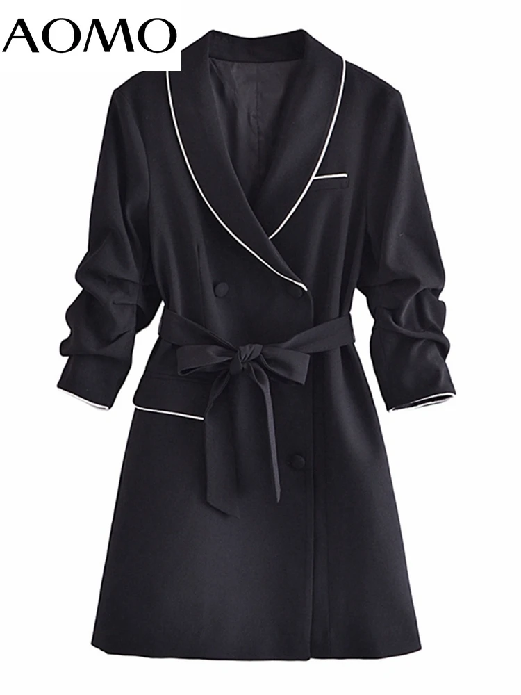 

AOMO Women Black Blazer Dress with Slash Long Sleeve Buttons Females Mini Dresses Vestidos 3H103A