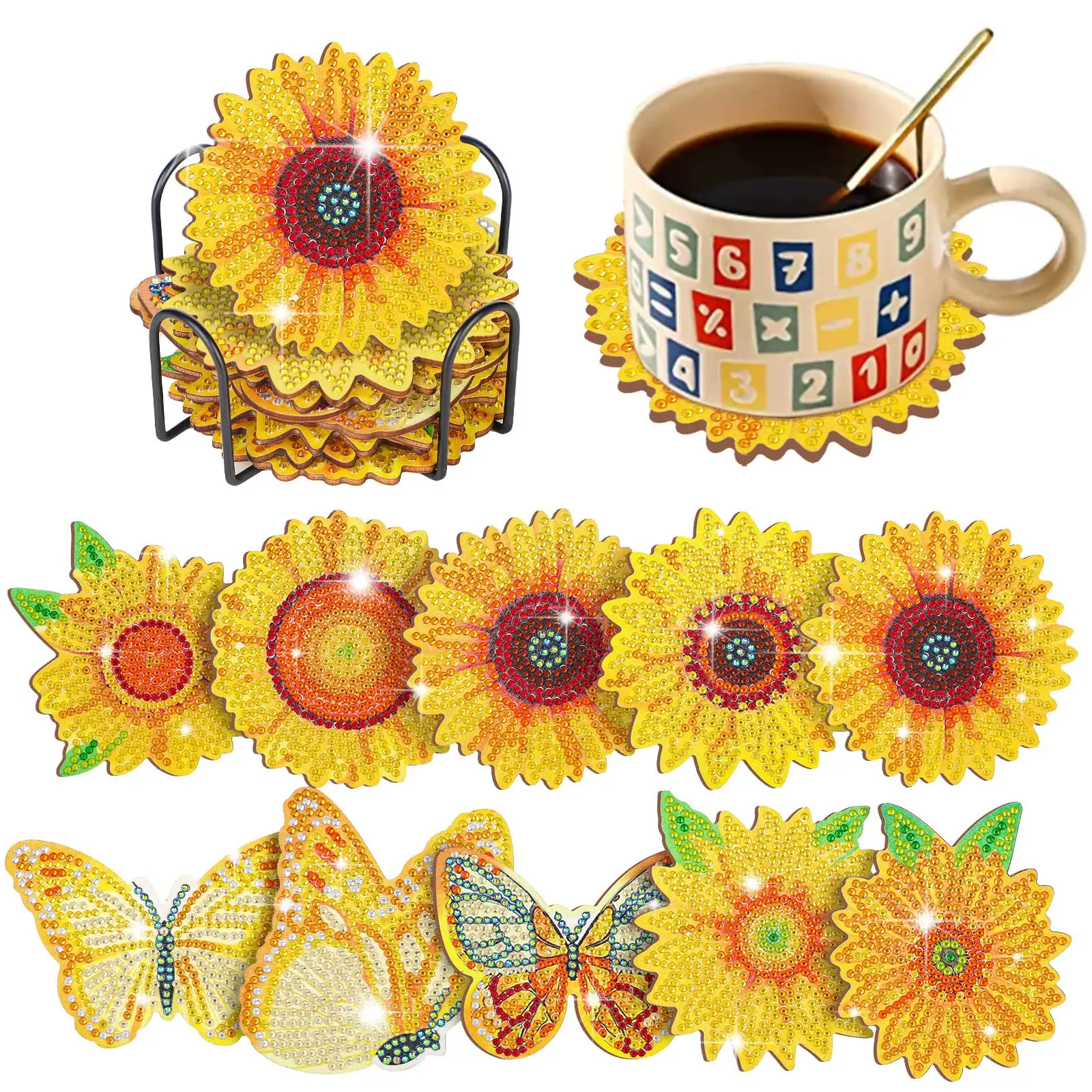 

10Pcs 5D DIY Diamond Painting Coaster Ornament Sunflower Drink Cup Cushion Diamond Embroidery Kit Decor
