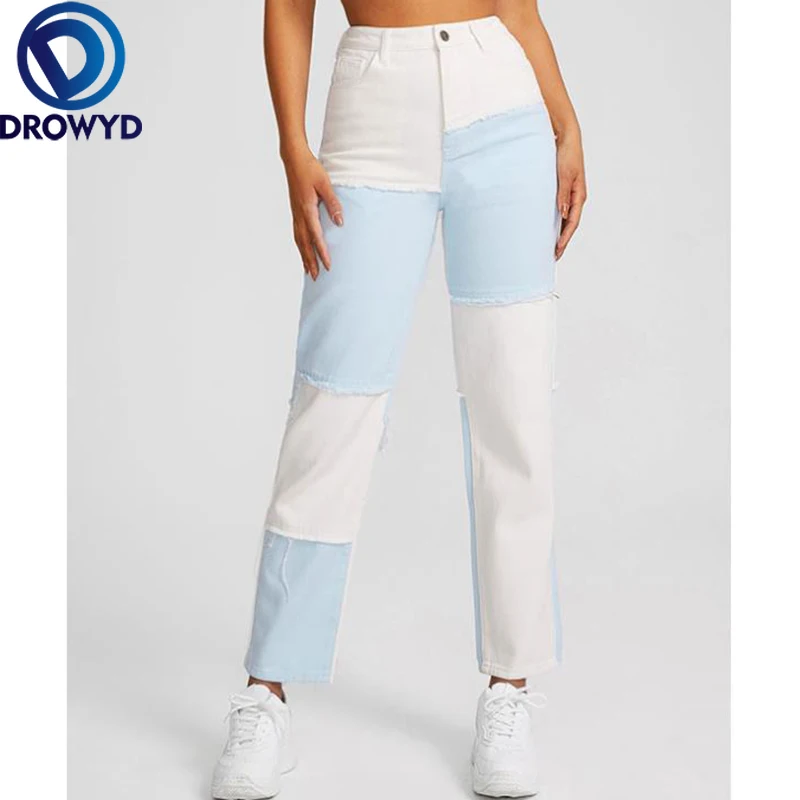 

Модные Лоскутные новые брюки-карго, повседневные узкие прямые джинсы с высокой талией, подходящие по цвету, брюки ретро, дикие джинсовые брю...