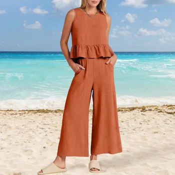 2023 Summer Set Two Pieces Women Outifits Casual Ruffled Sleeveless Solid Loose Long Wide Leg Pocket Pants Suit Ladies Clothes 1