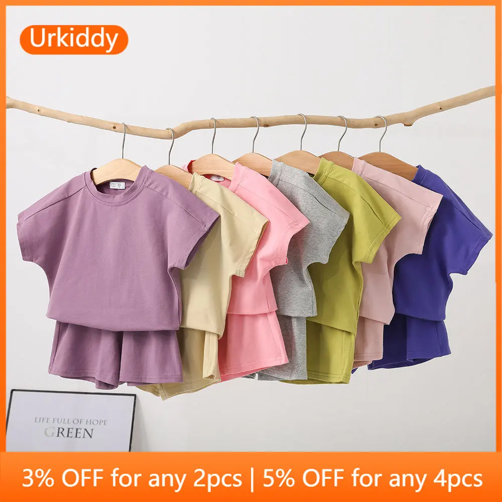 

Летние детские спортивные костюмы, хлопковая одежда для маленьких мальчиков и девочек, свободная футболка + шорты, мягкий комплект одежды из 2 предметов, детские костюмы