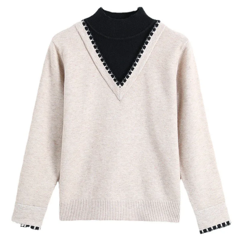 

2022 Female Autum Winter Fake Two Sweater Women Plus Size All-match Casual Elasticity Knitted Bottoming Pullover Sweater OK1398