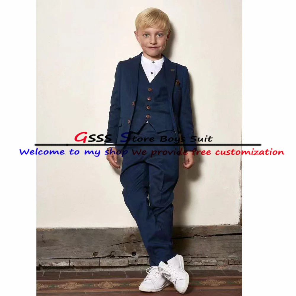Navy Blue Boy Suit 3 Piece Slim Fit Blazer Pants Vest Wedding Tuxedo Child Jacket Set комплекты для маленьких мальчиков enlarge