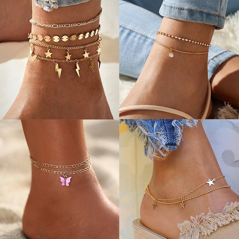 

NEW Bohemian Star Lightning Anklet for Women Gold Multilayer Crystal Anklets Shell Chain Foot Bracelet on Leg Beach Jewelry Gift