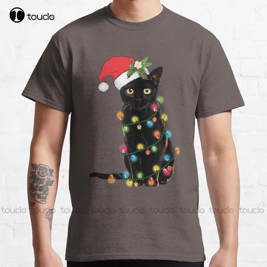 

Black Santa Cat Tangled Up In Lights Christmas Santa Illustration Classic T-Shirt Teacher Shirts For Women Fashion Funny New