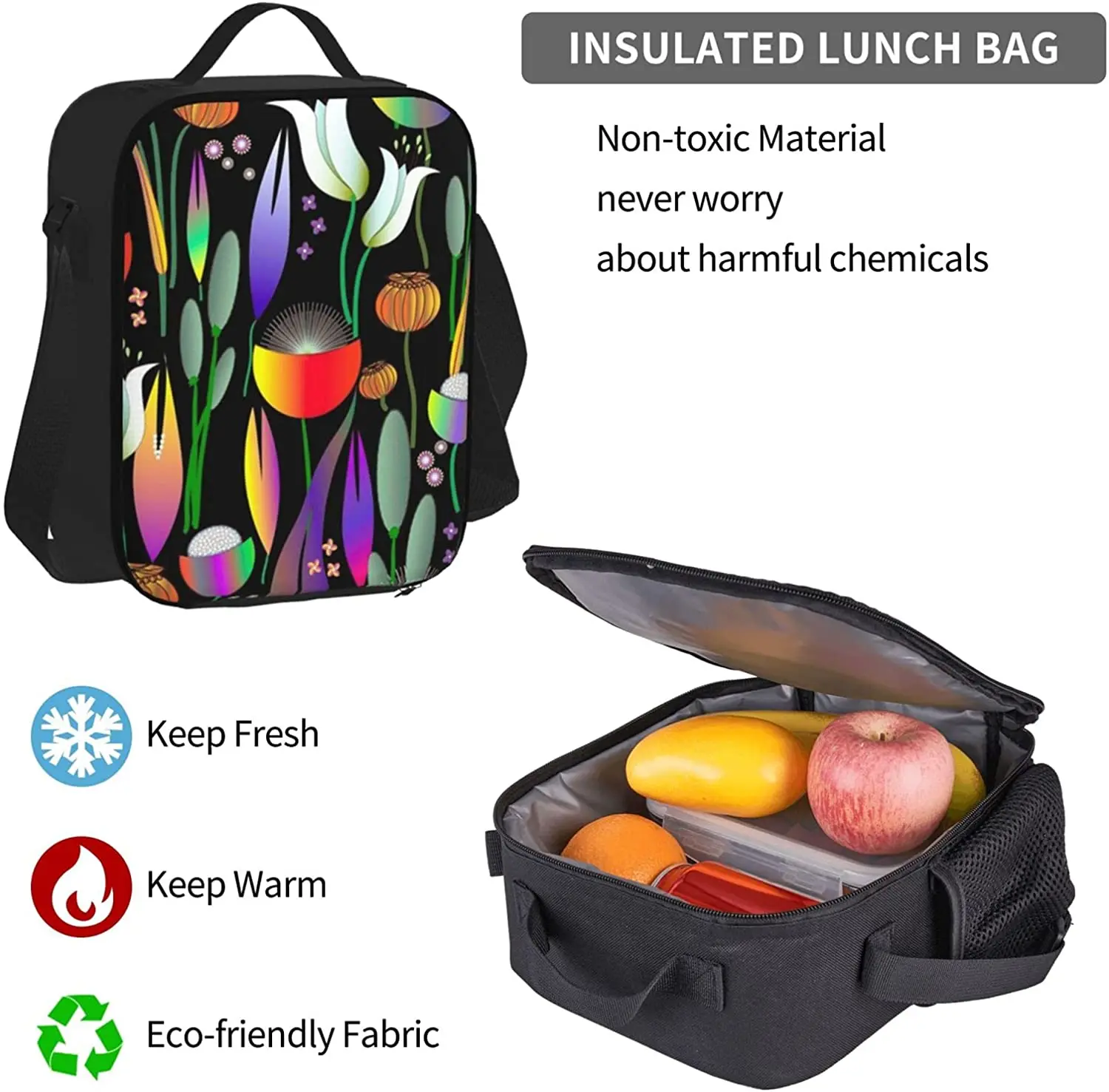 Bright Flowers On Black Backpack Set 3-Piece Teen Boys Girls Backpack Messenger Lunch Bag Pencil Case Set