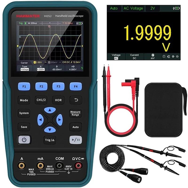 

Handheld 50M bandwidth multimeter dual-function portable USB2 channel automatic measurement True RMS HO52 Digital Oscilloscope