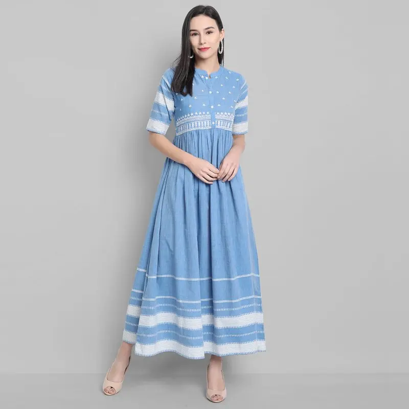

2023 NEW Chinese Neck Half Sleeve Floral Blue Cotton Western Dress For Women Summer Dress/Summer Wear