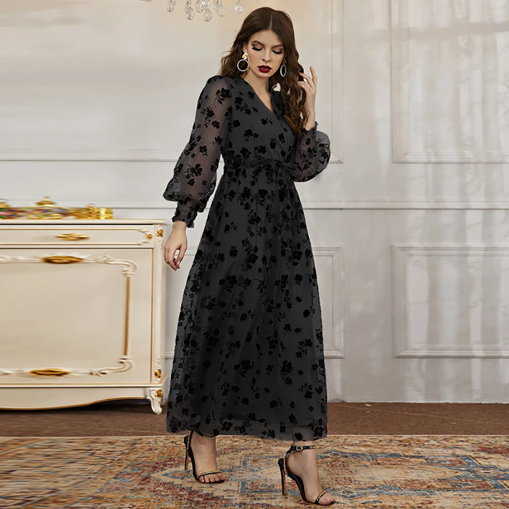 Muslim Fashion Party Dress Evening Gowns Long Sleeve Abayas For Women Floral Print Boho Gown Islamic Clothing Djellaba Femme