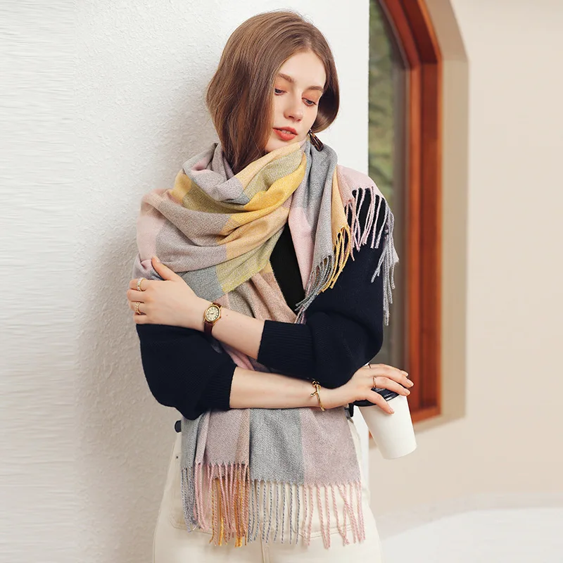 

Winter Warm Fashion Scarf Plaid Contrast Imitation Cashmere Scarf Soft Comfortable Fresh And Sweet Shawl Scarf Female