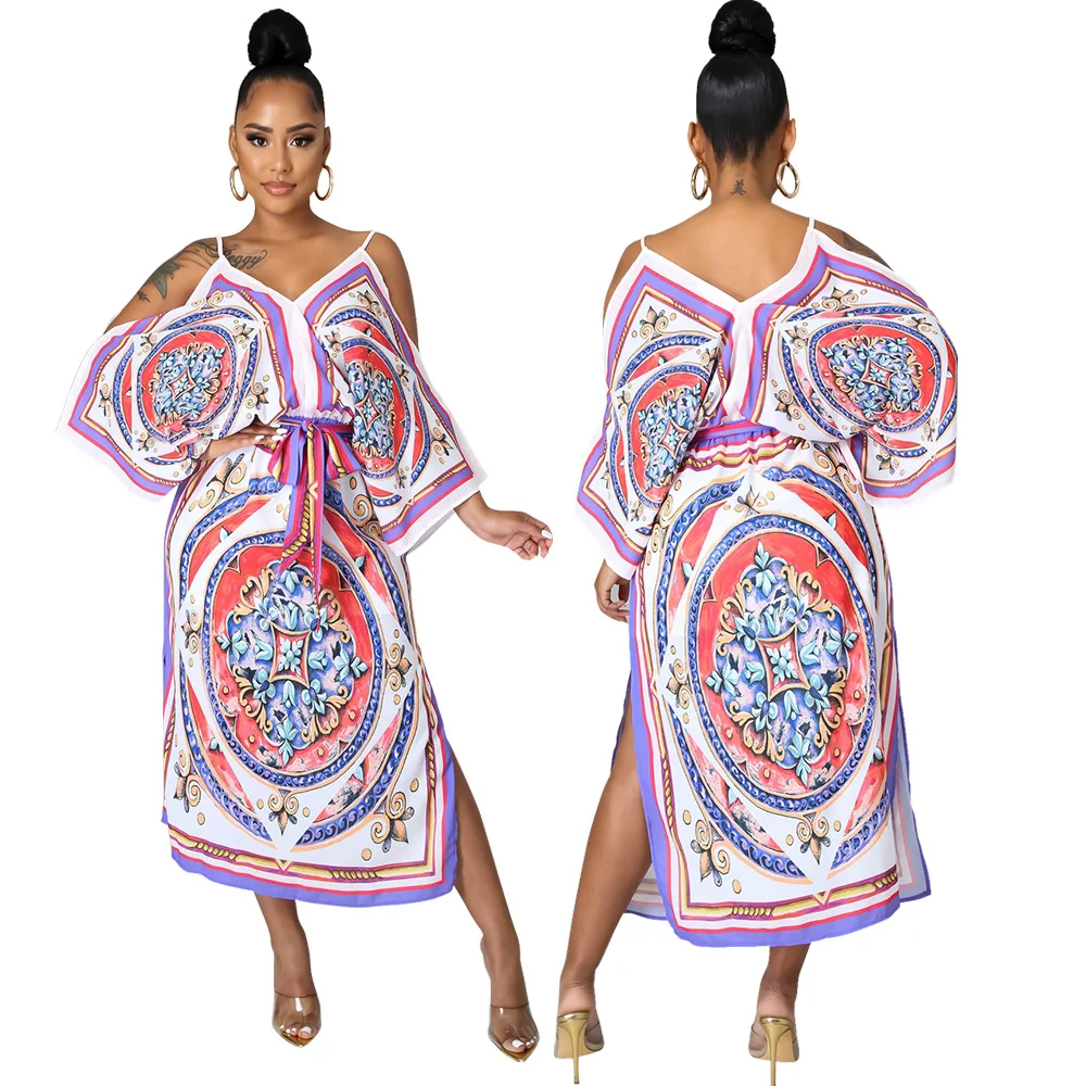 

Print Strap Loose Midi Dress Women Sleeve V-neck Splited Bandage Sashes Fashion Vestidos Summer Outfits Vintage Goth Birthday