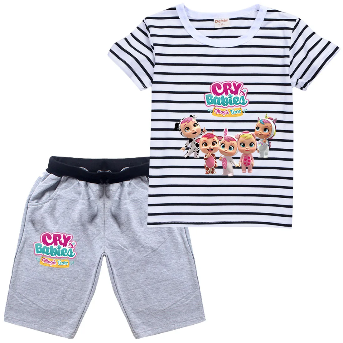 

2022 Fashion Disney Cry Babies Print Clothes Boys Girls Striped Funny T Shirt Clothing Kids Summer Clothing + Shorts Set