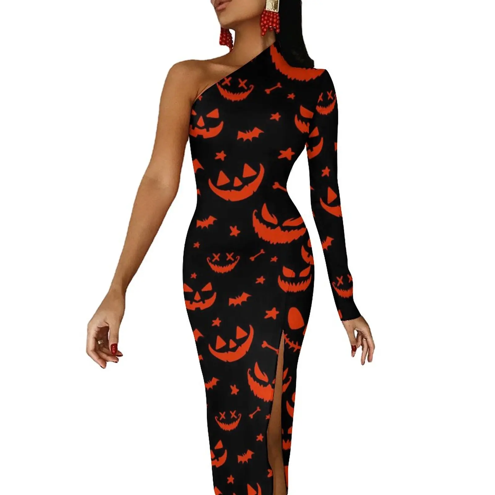 

Orange Pumpkin Bodycon Dress Female Spooky Halloween Vintage Maxi Dress One Shoulder Aesthetic Pattern Dresses Gift