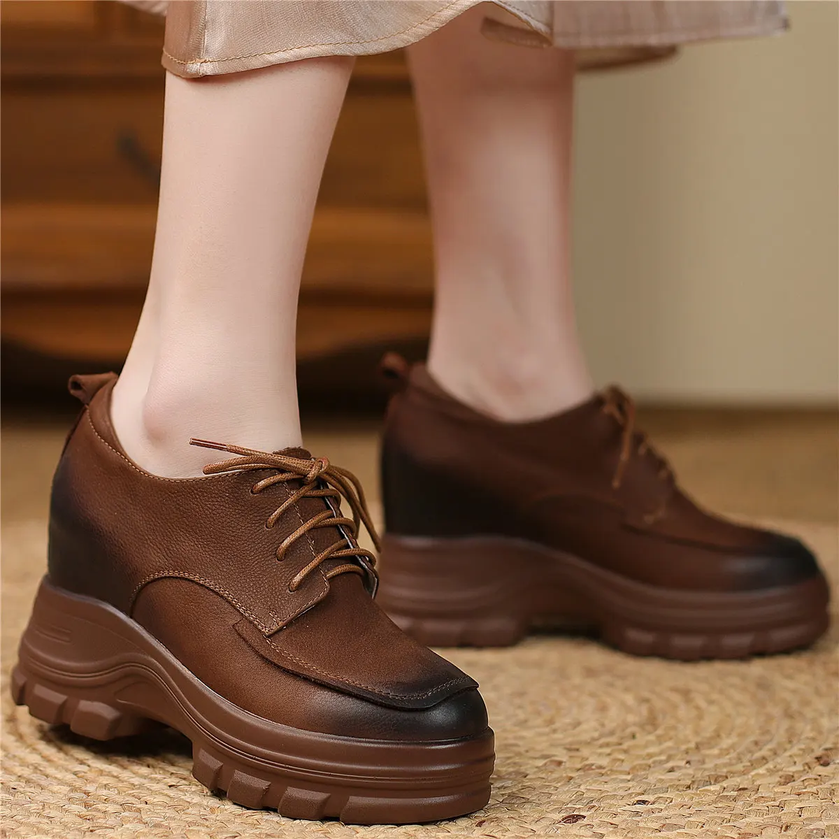 2022 Fashion Sneakers Women Genuine Leather Chunky High Heels Motorcycle Boots Female Round Toe Platform Pumps Shoe Casual Shoes
