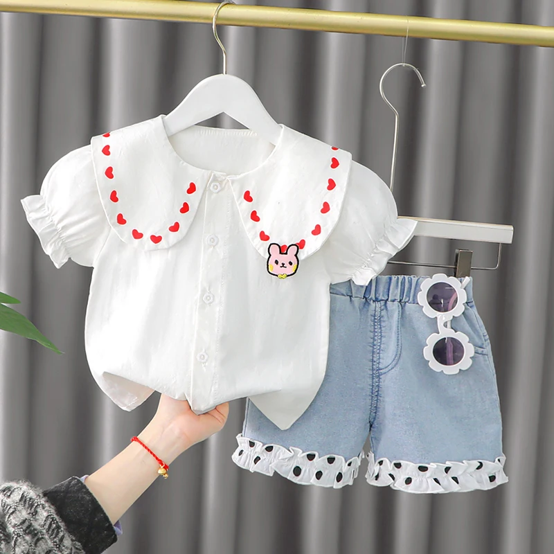 

Newest Summer Toddler Girl Clothes Set Baby Outfit Cute Short Sleeve Shirt and Jeans Cotton Newborn Clothing Suit