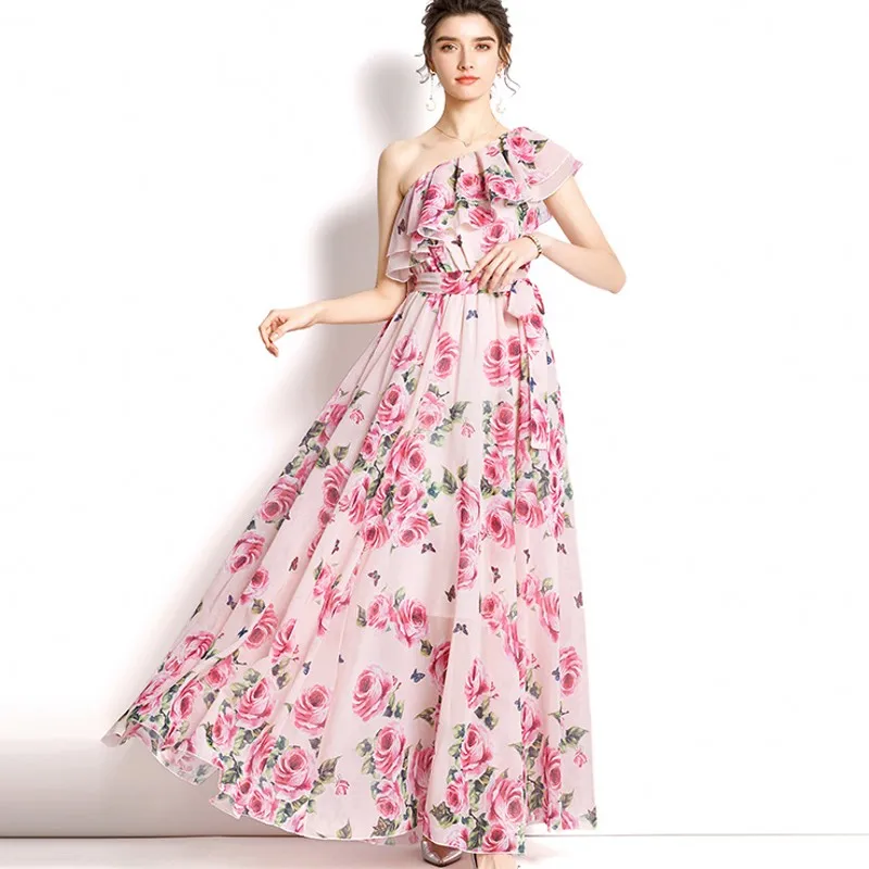 

Женское платье на одно плечо, платье-макси с принтом и оборками, весна-лето 2022