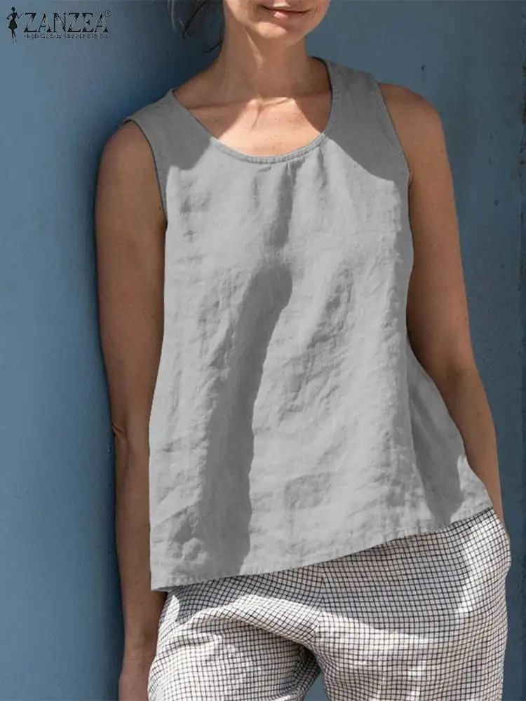 

2022 ZANZEA Summer Sleeveless Tanks Tops Women O Neck Solid Blouse Casual Loose Beach Shirt Female Cotton Blusas Oversize Mujer